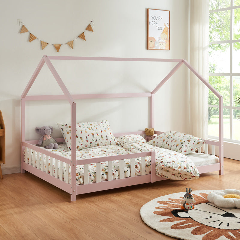 Kinderbed – Kinderbedden – Eenpersoonsbed – Huisbed – Kinderbedframe – Roze Kleur – Valbeveiliging – 140x200 cm – Dennenhouten Frame