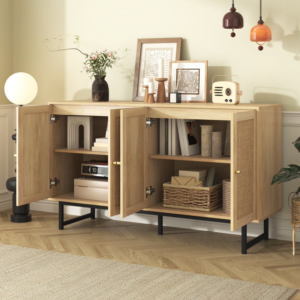 Sideboard, 140x39.5x80cm, featuring genuine rattan weave, four doors, ample storage space to meet your diverse needs, making it the ideal choice for your dining and living room furnishings.