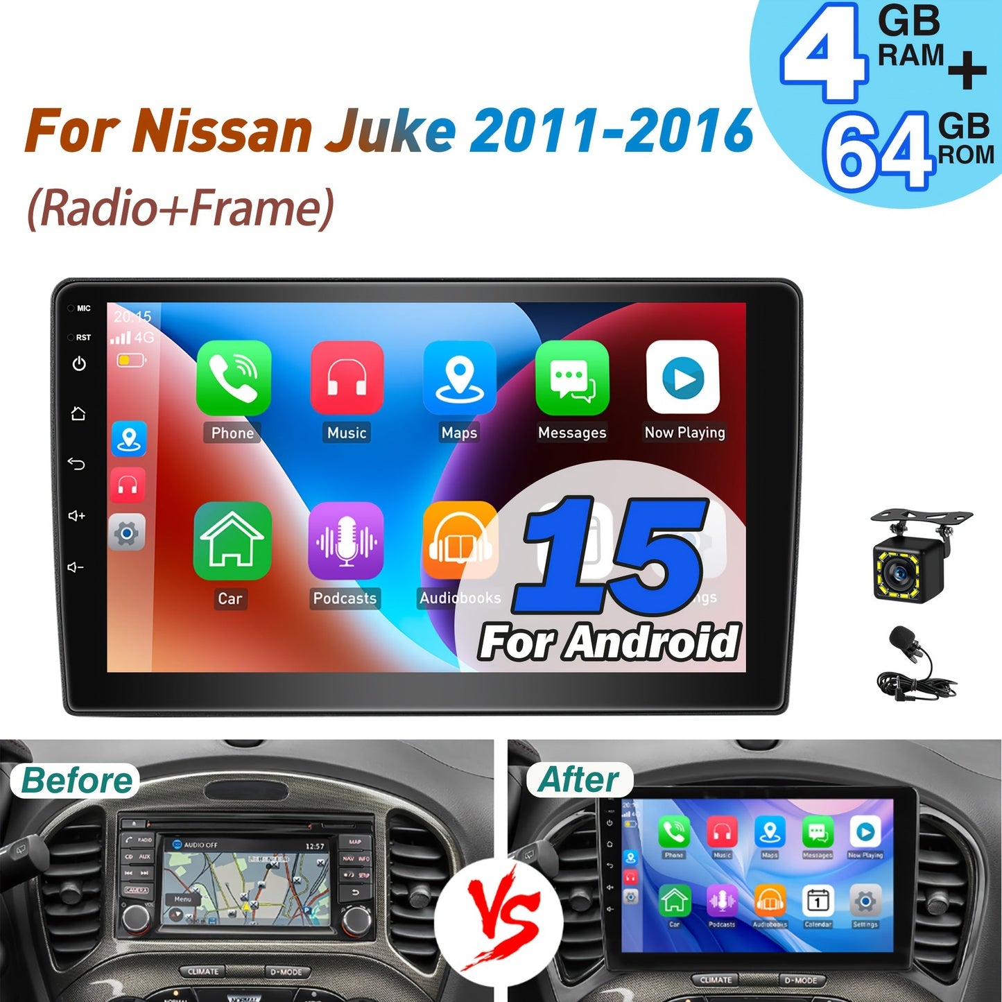 Android Autoradio – Multimedia Radio – Navigatiesysteem – Touchscreen Stereo – 9-Inch IPS HD Scherm – 4GB RAM + 64GB Opslag – Draadloze CarPlay & Android Auto – 12-LED Achteruitrijcamera & Microfoon