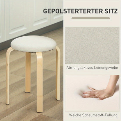Kruk – Krukje – Stoel – Hocker – Set Van 4 – Crème Wit Linnenstof – Stapelbaar – Zachte Gewatteerde Zitting – Solide Rugleuning – Gelakt Frame