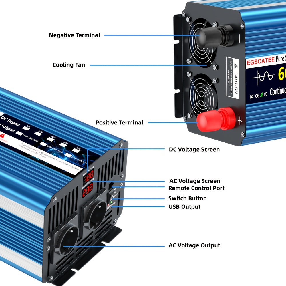 Omvormer 6000W – Spanningsomzetter – Stroomomzetter – DC naar AC Converter – Power Inverter – Zuivere Sinusgolf – LCD Display & Afstandsbediening – Compact Metalen Behuizing