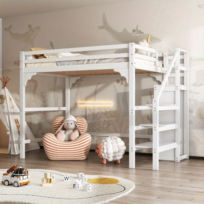 Hoogslaper – High Bed – Stapelbed – Kinderbed – Jeugdbed – 140x200 cm – Wit – Met Lattenbodem en Opbergruimte