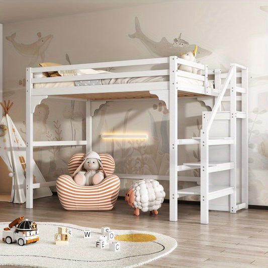 Hoogslaper – High Bed – Stapelbed – Kinderbed – Jeugdbed – 140x200 cm – Wit – Met Lattenbodem en Opbergruimte