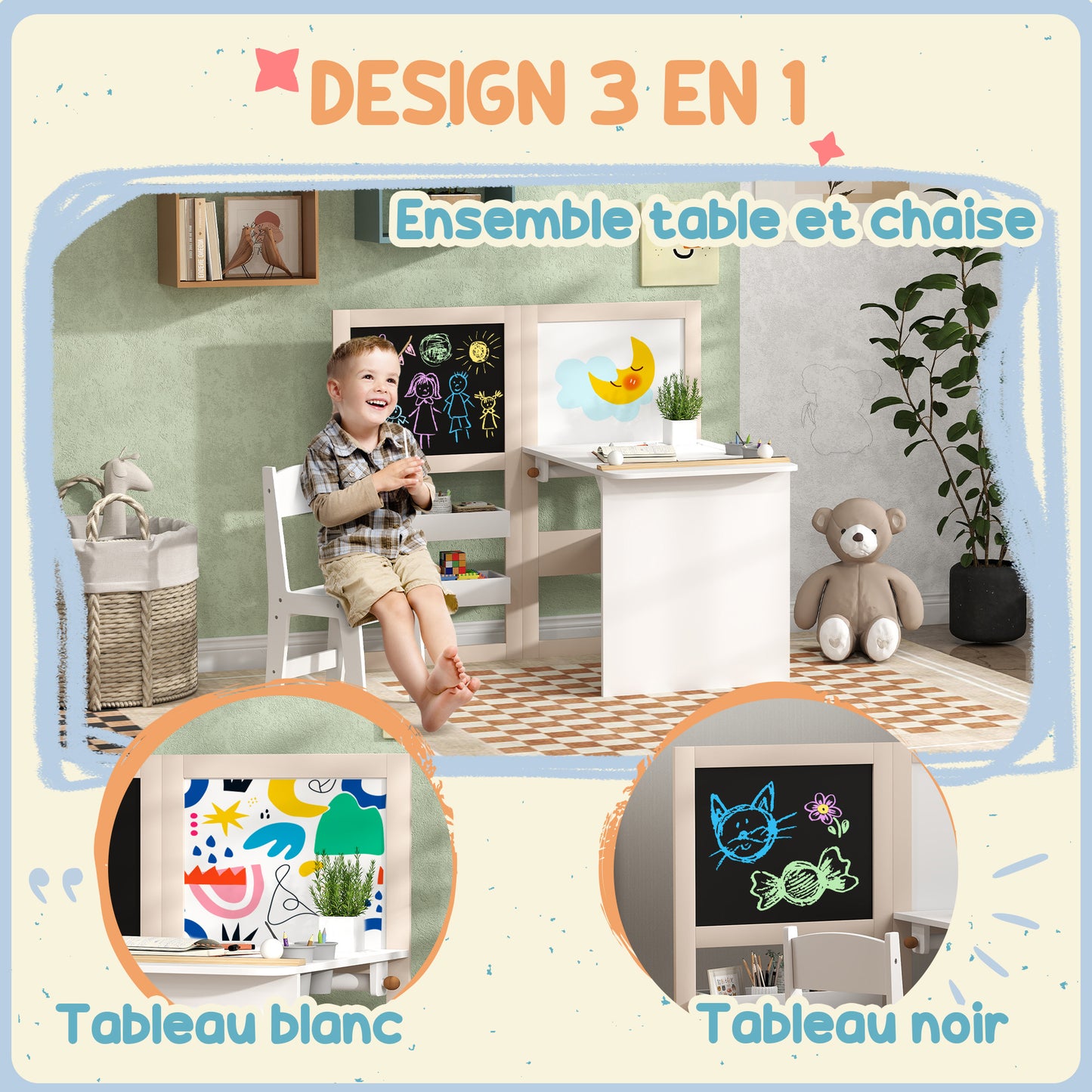 Kinderbureau met Stoel – Kindermeubel – Speeltafel – Tekenbureau – Kindertafel – 3-in-1 Design – Inklapbaar Krijtbord – Ruime Opbergruimte – MDF Wit – Voor 3 tot 8 Jaar