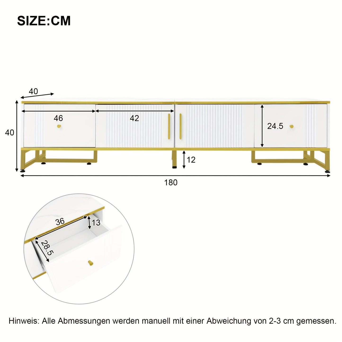 TV Meubel – TV Kast – TV Dressoir – TV Meubels – Media Meubel – Wit Met Gouden Rand – 180x40x40 cm – Verstelbare Poten & Kabeldoorvoer