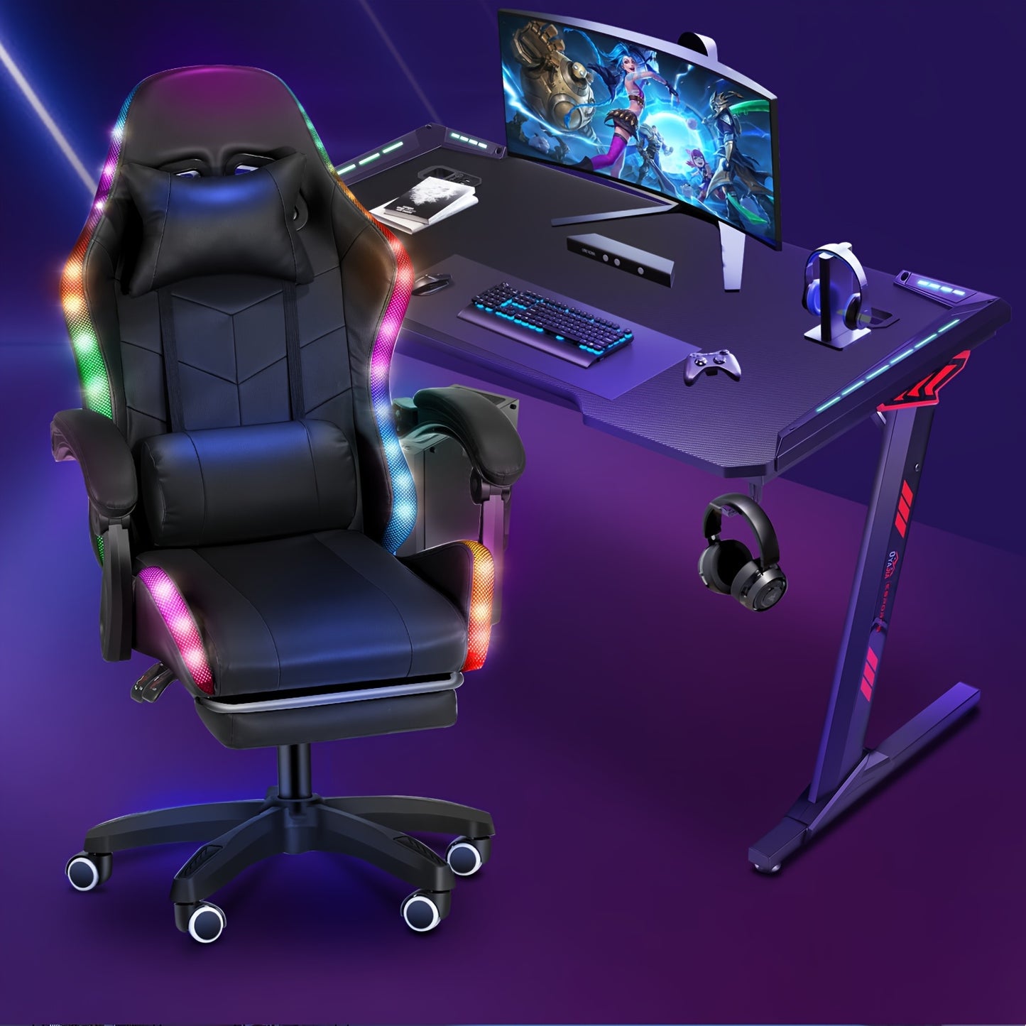 Black RGB Gaming Chair with Linkage Armrests, Foldable Base, Adjustable Height, Reclining Backrest, Footrest Support, Wooden Board Frame & Shaped Foam Cushion, Durable Nylon Base
