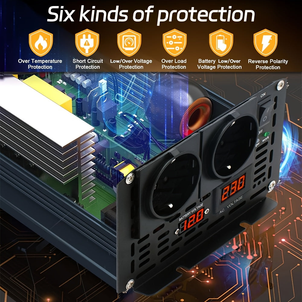 Autospanningsomvormer – Stroomomzetter – Inverter – DC naar AC Converter – 2000W Zwarte Variant – Zuivere Sinusgolf – 3 Europese Stopcontacten