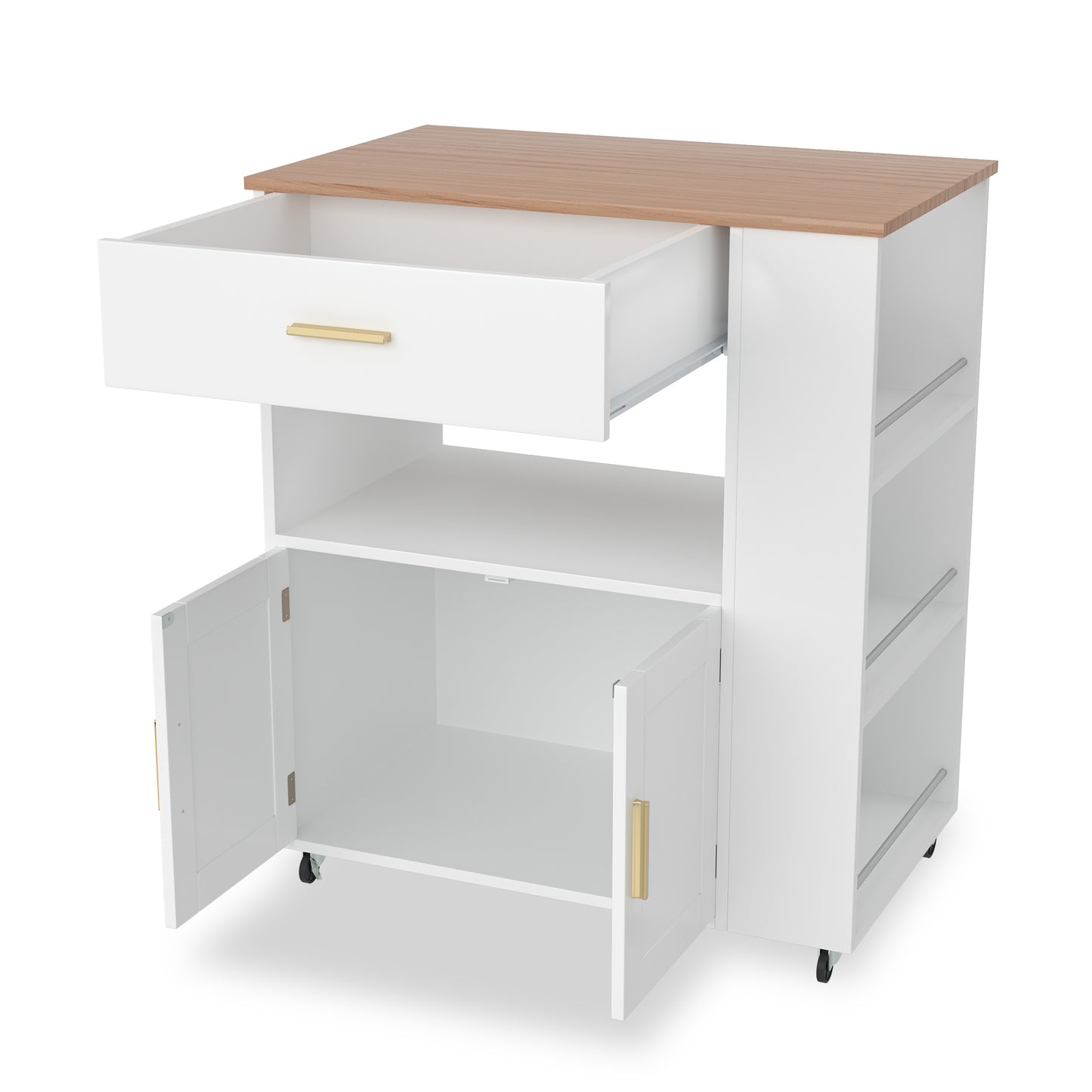 Keukentrolley – Serveerwagen – Opbergtrolley – Keukenrek – Keukenkast – Met Wielen – Rubberwood Werkblad – Soft-Close Kastje Met Handdoekhouder - 81 x 46 x 89 cm - Wit-Bruin