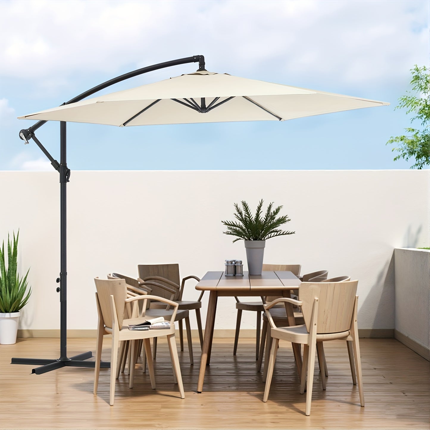 3x2m Cantilever Parasol with Cross Base - Heavy-Duty Outdoor Patio Umbrella, Manual Crank Handle, 6-Rib Stability, Adjustable Height & Tilt, Beige Canopy for Pool, Garden, Balcony, Commercial/Residential Use - Easy Installati