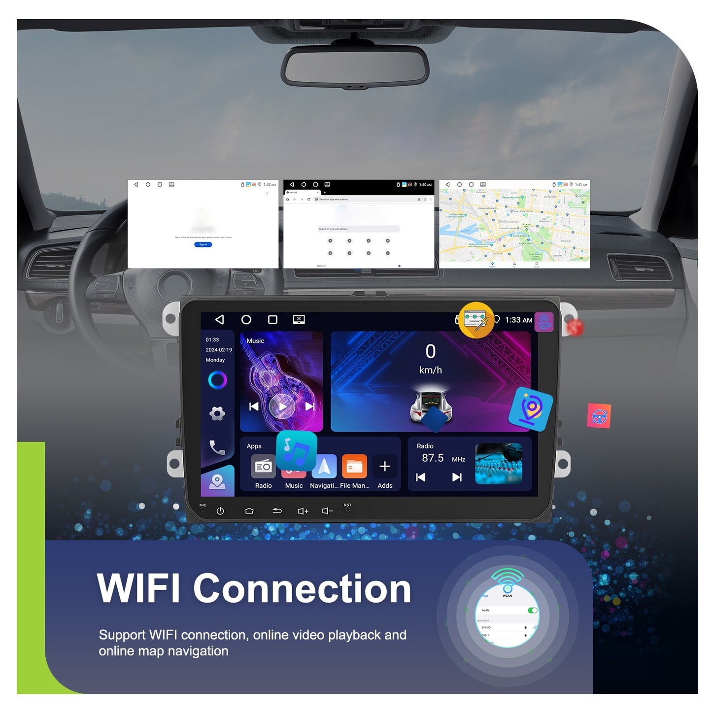PODOFO 22.86cm Android 15 Car Radio for VW Golf, Tiguan, Caddy, Touran, Seat - 8Core/4G, 64GB, Wireless CarPlay, GPS, WiFi, 2 USB Ports, AHD Reversing Camera, Split Screen, 4K Video Support, Vehicle Audio Upgrade, Modern Car