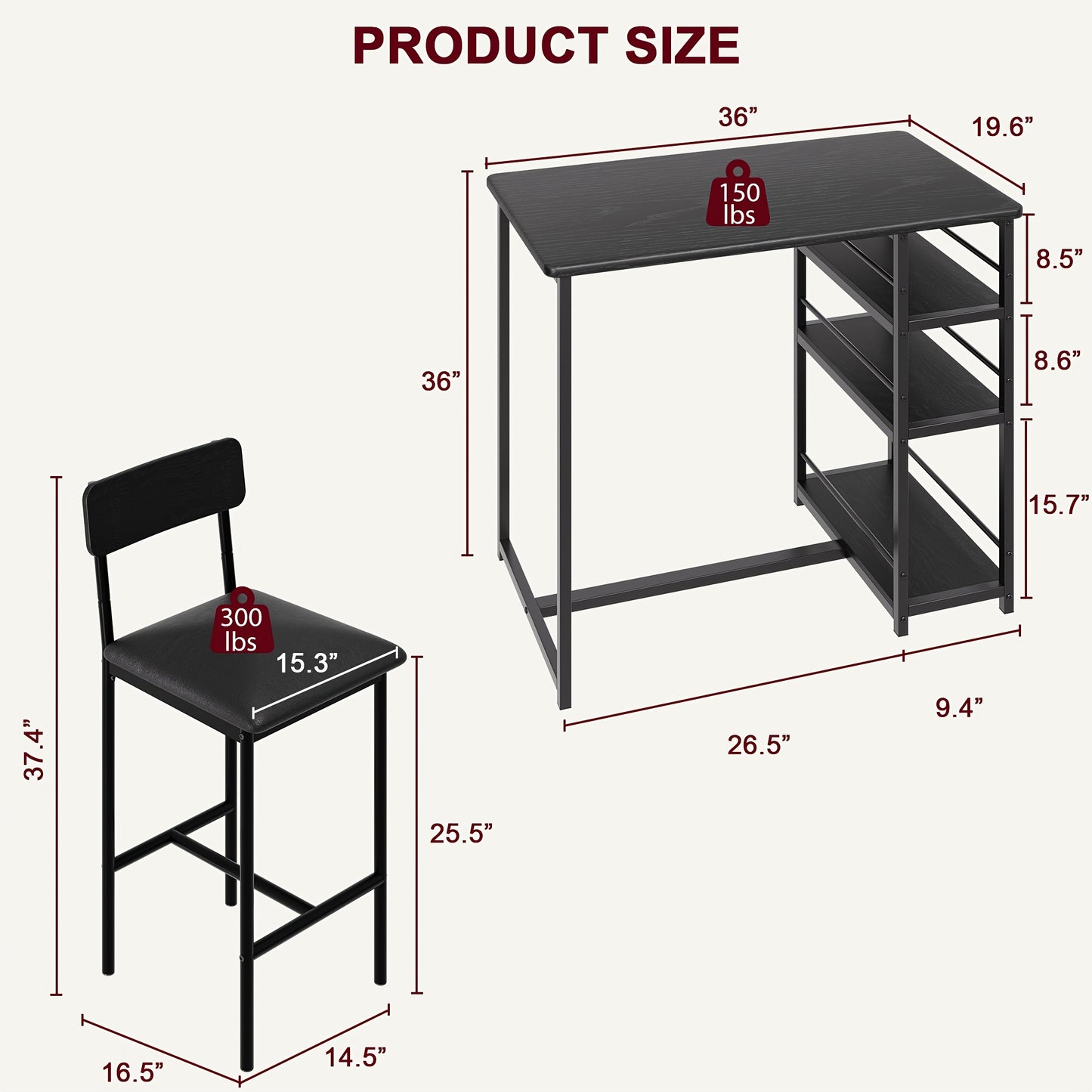 Eettafelset – Eettafel – Keukentafel – Eethoek – Barset – Compact Ontwerp – Ruimtebesparend Zwart