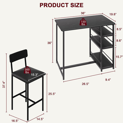 Eettafelset – Eettafel – Keukentafel – Eethoek – Barset – Compact Ontwerp – Ruimtebesparend Zwart