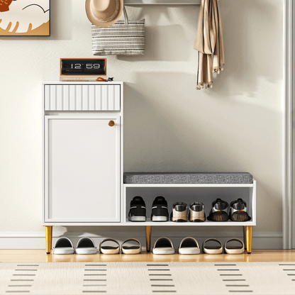 Contemporary Shoe Storage Unit Featuring a Bench, a Door, a Drawer, And an Open Shelf, with a Padded Design; Color: White, Measurements: 100 × 35 × 82.2 Cm (Width × Height × Depth)