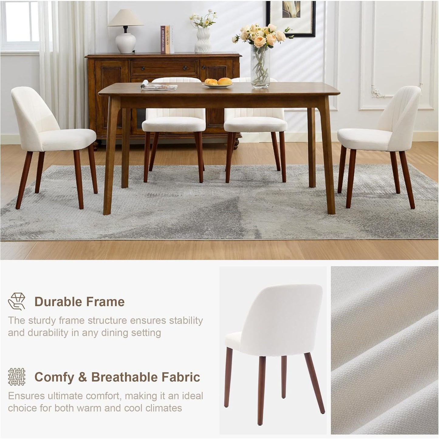 Eetkamerstoelen – Houten Stoelen – Keukenstoelen – Bijzetstoelen – Restaurantstoelen – Set van 2 – Wing Back Rugleuning – Zachte Bekleding Beige