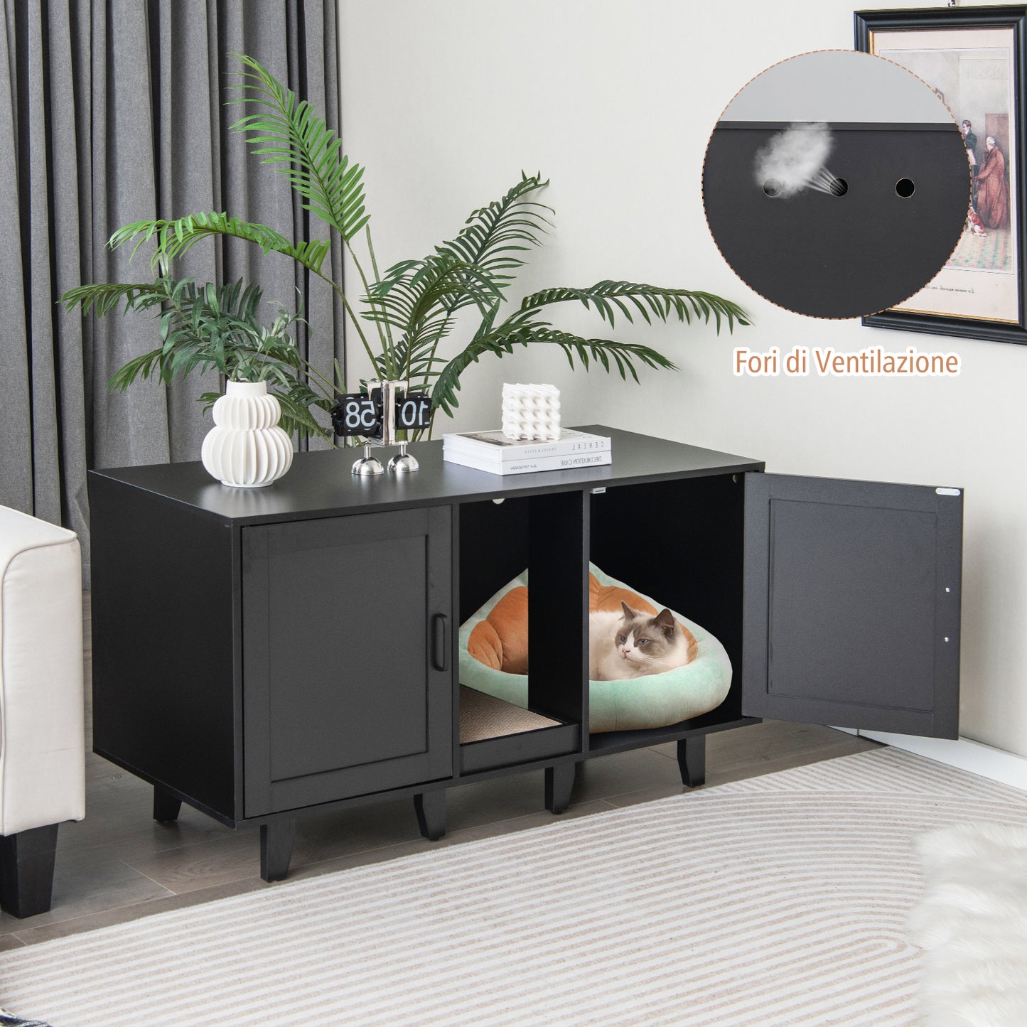 Krabmeubel – Krabpaal – Kattenmeubel – Kattenmand – Kattenhuis – 3-in-1 Functie – Verwijderbare Poten – Zwart