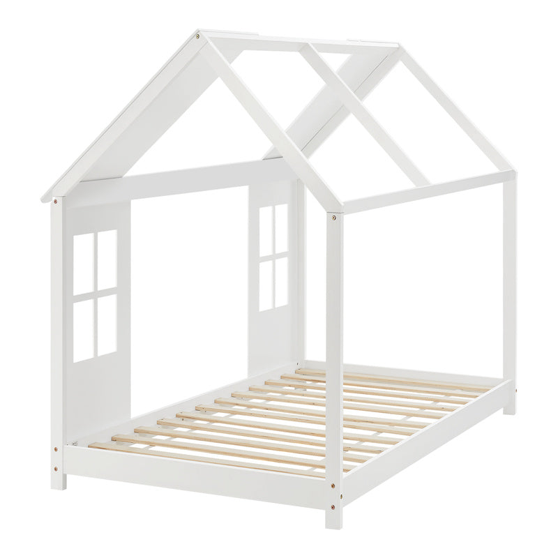 Kinderbed – Huisjesbed – Kinderbedden – Eenpersoonsbed – Speelbed – Massief Hout – Semi-Open Ontwerp – 140x200 cm – Wit