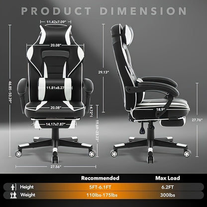 Big and Tall Gaming Chair with Footrest, Ergonomic Computer Chair with Headrest and Lumbar Support, High Back Adjustable Video Game Chairs, Recline Gaming Chair for Office