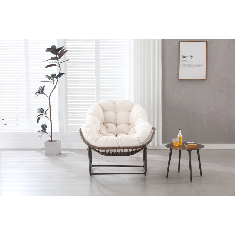 Schommelstoel – Relaxstoel – Fauteuil – Loungestoel – Tuinstoel – Oversized Ei-Vorm – 15,24 cm Dikke Kussen – Poedergecoat Stalen Frame & Handgevlochten Wit Rattan