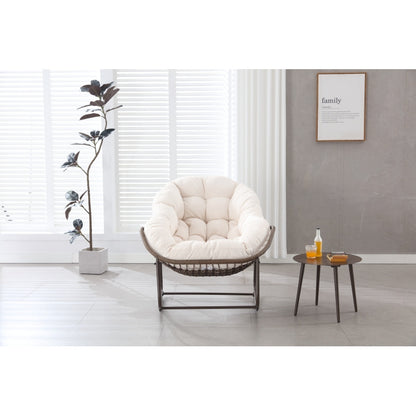 Schommelstoel – Relaxstoel – Fauteuil – Loungestoel – Tuinstoel – Oversized Ei-Vorm – 15,24 cm Dikke Kussen – Poedergecoat Stalen Frame & Handgevlochten Wit Rattan