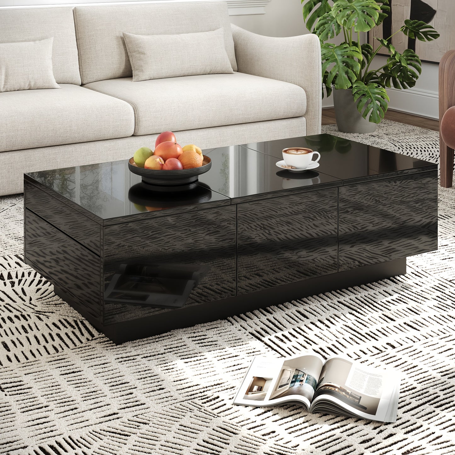 Modern High-Gloss Black Coffee Table with Drawers and Sliding Shelves | Rectangular Living Room Table with Ample Storage Space, Stylish Design, and Easy-to-Clean Surface