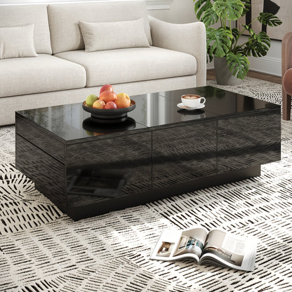 Modern High-Gloss Black Coffee Table with Drawers and Sliding Shelves | Rectangular Living Room Table with Ample Storage Space, Stylish Design, and Easy-to-Clean Surface