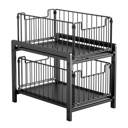 Keukenorganizer – Keukenkast Organizer – Gootsteenkast Organizer – Aanrecht Organizer – Badkamer Organizer – 2 Laagse Opberger – Met Uitschuifbare Lade – Metaal – 26x37x38,5 cm – Zwart