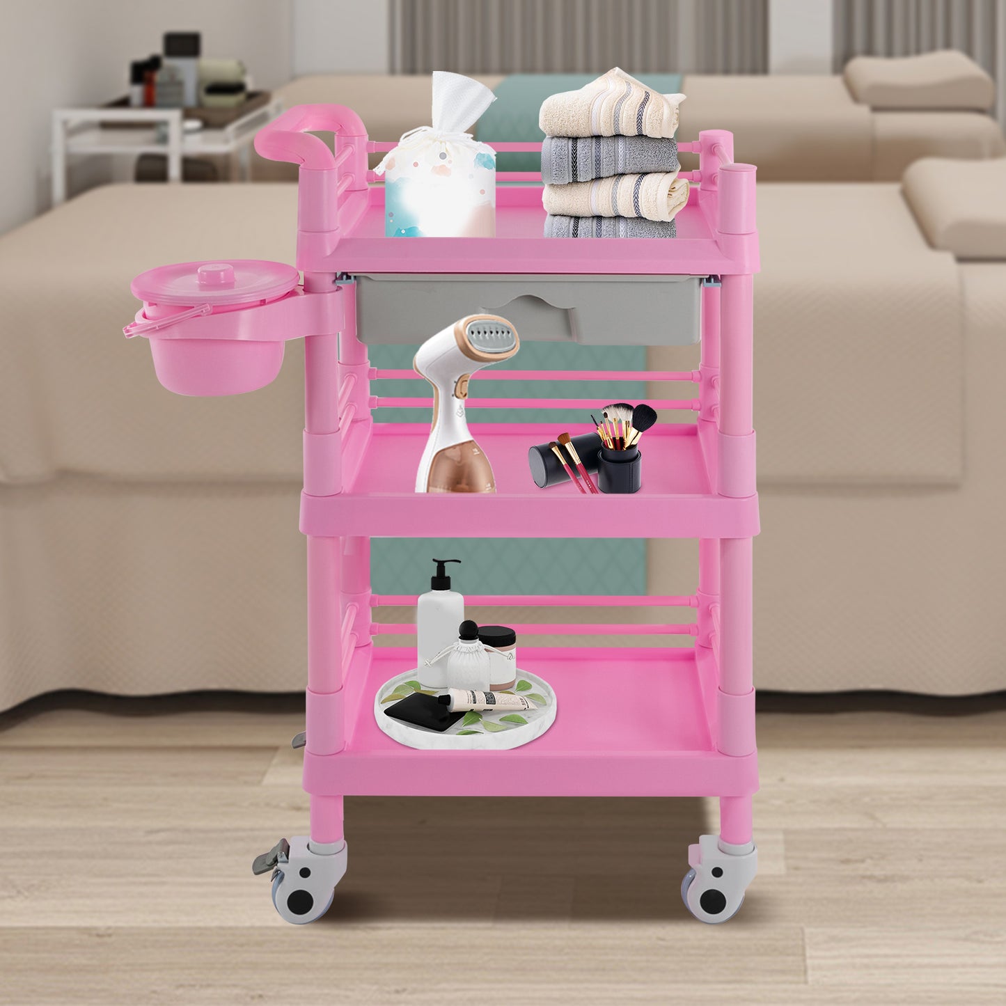 Beauty Trolley – Make-up Koffer – Schminkkoffer – Cosmetica Koffer – Opbergtrolley Roze – 3 Laags Met Lade – Mobiele Opbergruimte – 100 Kg Draagvermogen