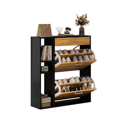 Houten Schoenenkastje – Schoenopberger – Schoenenrek – Schoenentoren – Schoenendisplay – Zwart – 2 Klapladen – Geschikt Voor 12-15 Paar Schoenen