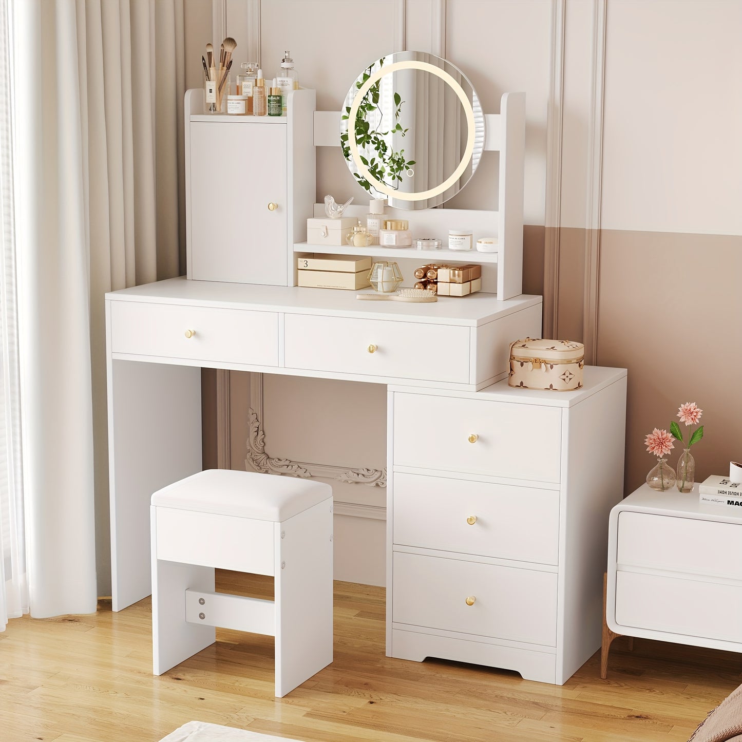 Kaptafel Wit – Dressing Table – Make-up Tafel – Make-up Kaptafel – Vanity Table – 5 Laden & Kast – Vrijstaand Ontwerp – Compact & Duurzaam – Inclusief Kruk