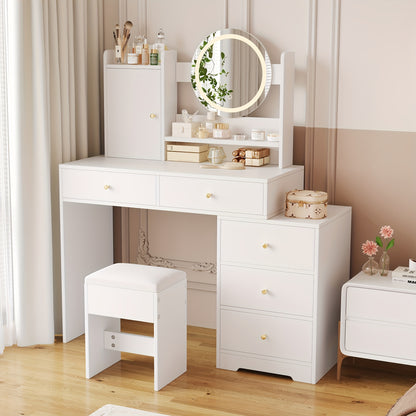 Kaptafel Wit – Dressing Table – Make-up Tafel – Make-up Kaptafel – Vanity Table – 5 Laden & Kast – Vrijstaand Ontwerp – Compact & Duurzaam – Inclusief Kruk