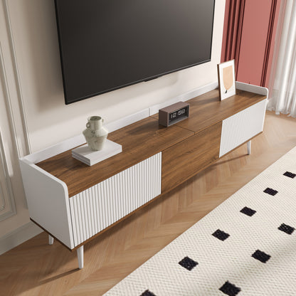 TV cabinet, TV table, TV stand, three door cabinet, compact design, white and natural wood grain finish, height 49.5cm * length 160cm * width 39cm,  Media Storage, Sleek Cabinet, Modern Design, Easy Assembly, Console Table, D