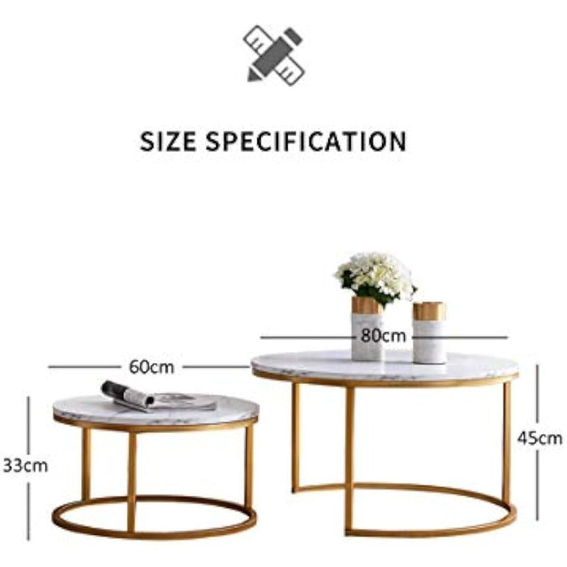 Ronde Salontafel – Bijzettafel – Nesting Tafel – Koffietafel – Woonkamer Tafel – Set van 2 – MDF en Massief Houten Blad – Goud Metaal Frame – Compact en Modulair Design
