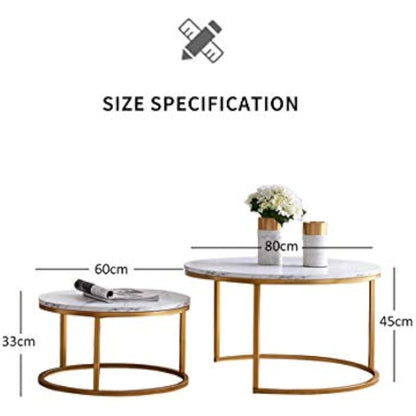 Ronde Salontafel – Bijzettafel – Nesting Tafel – Koffietafel – Woonkamer Tafel – Set van 2 – MDF en Massief Houten Blad – Goud Metaal Frame – Compact en Modulair Design