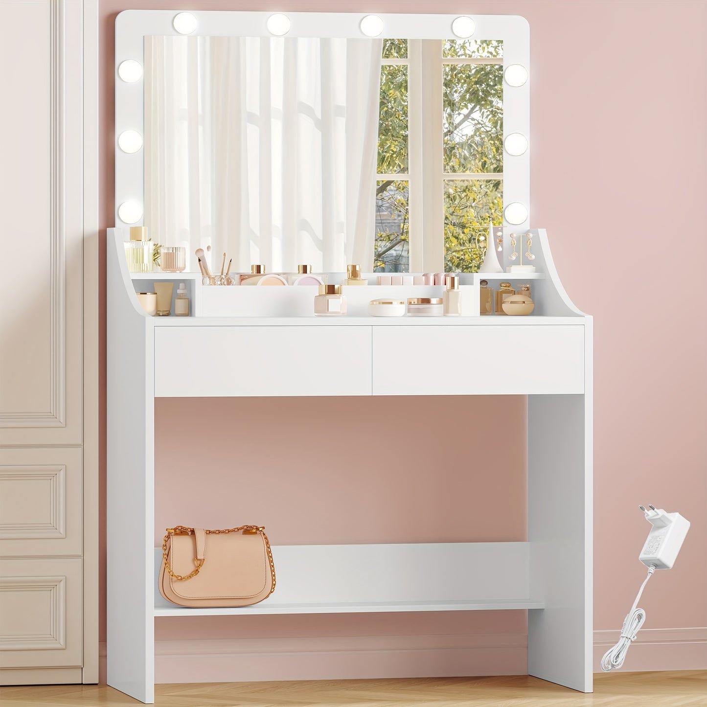 Kaptafel – Make-uptafel – Vanity – Schminktafel – Toilettafel – Wit – Grote Spiegel Met LED-verlichting – 3 Lades & Opbergruimtes