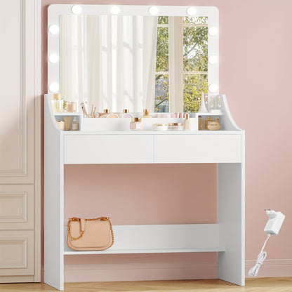 Kaptafel – Make-uptafel – Vanity – Schminktafel – Toilettafel – Wit – Grote Spiegel Met LED-verlichting – 3 Lades & Opbergruimtes