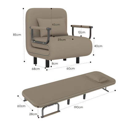 Opvouwbare Sofa Bed Stoel – Slaapstoel – Relaxstoel – Logeerstoel – Zitzak – 5-Standen Verstelbare Rugleuning – Duurzaam Metalen Frame – Comfortabel Velvet Kussen – Compact 116x65x85 cm – Khaki