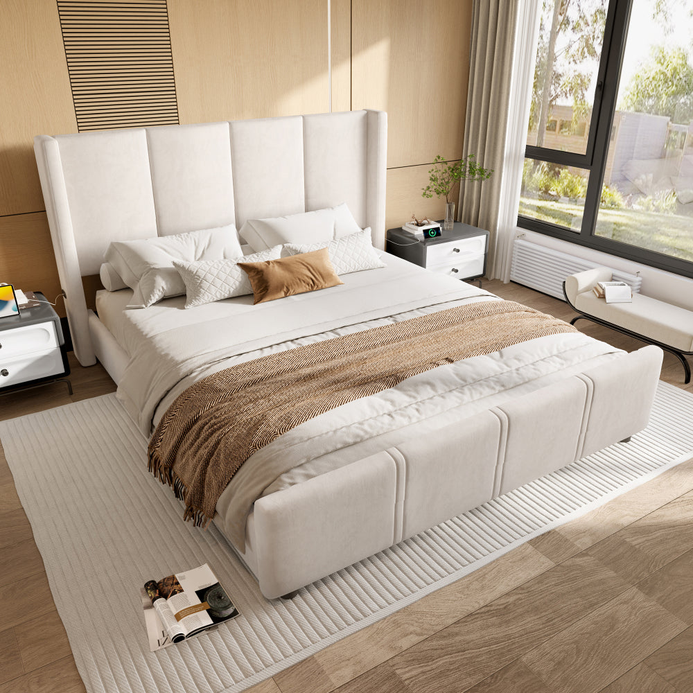Gestoffeerd Bedframe – Bed – Slaapkamerbed – Ledikant – Modern Bed – Beige Kleur – 140x190 cm – Hoog Hoofdeinde & Voetbord – Duurzaam IJzeren Frame