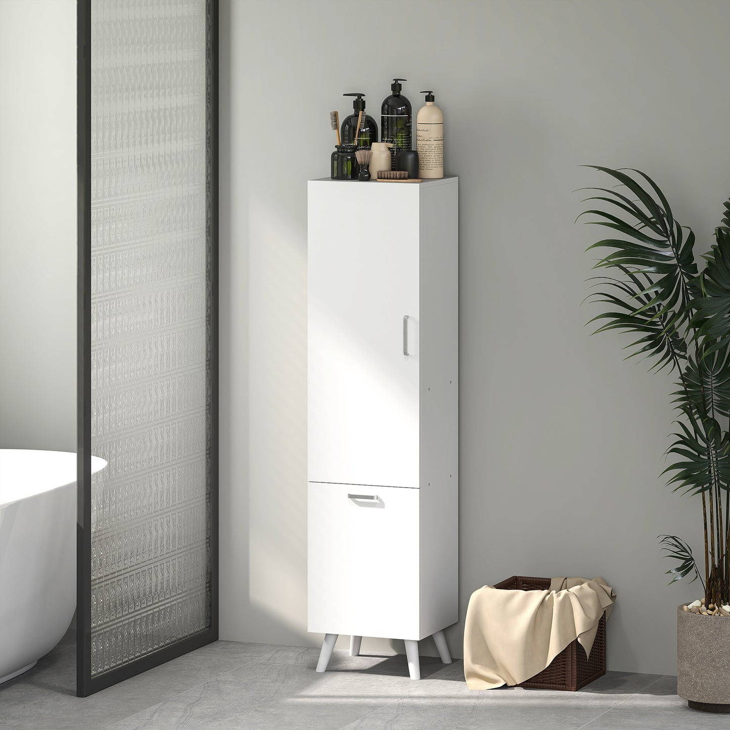Badkamerkolomkast – Opbergkast – Kolomkast – Kast Met Deur – Stijlvolle Badkamerkast – Wit – 35x31,5x144 cm – Met Kantelbare Wasmand – Anti-Kantel Systeem