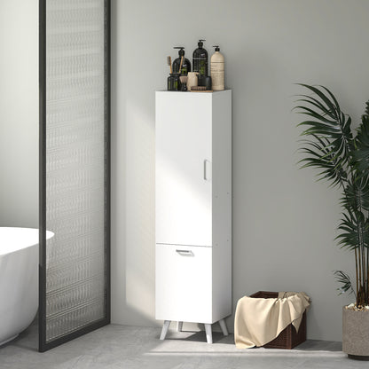 Badkamerkolomkast – Opbergkast – Kolomkast – Kast Met Deur – Stijlvolle Badkamerkast – Wit – 35x31,5x144 cm – Met Kantelbare Wasmand – Anti-Kantel Systeem