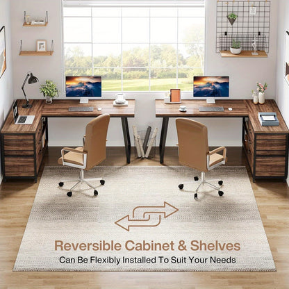 Hoekbureau – Bureau – Computerbureau – Werkplek – L-vormig bureau – Bruin – Omkeerbaar ontwerp – 134,62 cm Werkblad – 3 Laden en 2 Open Planken
