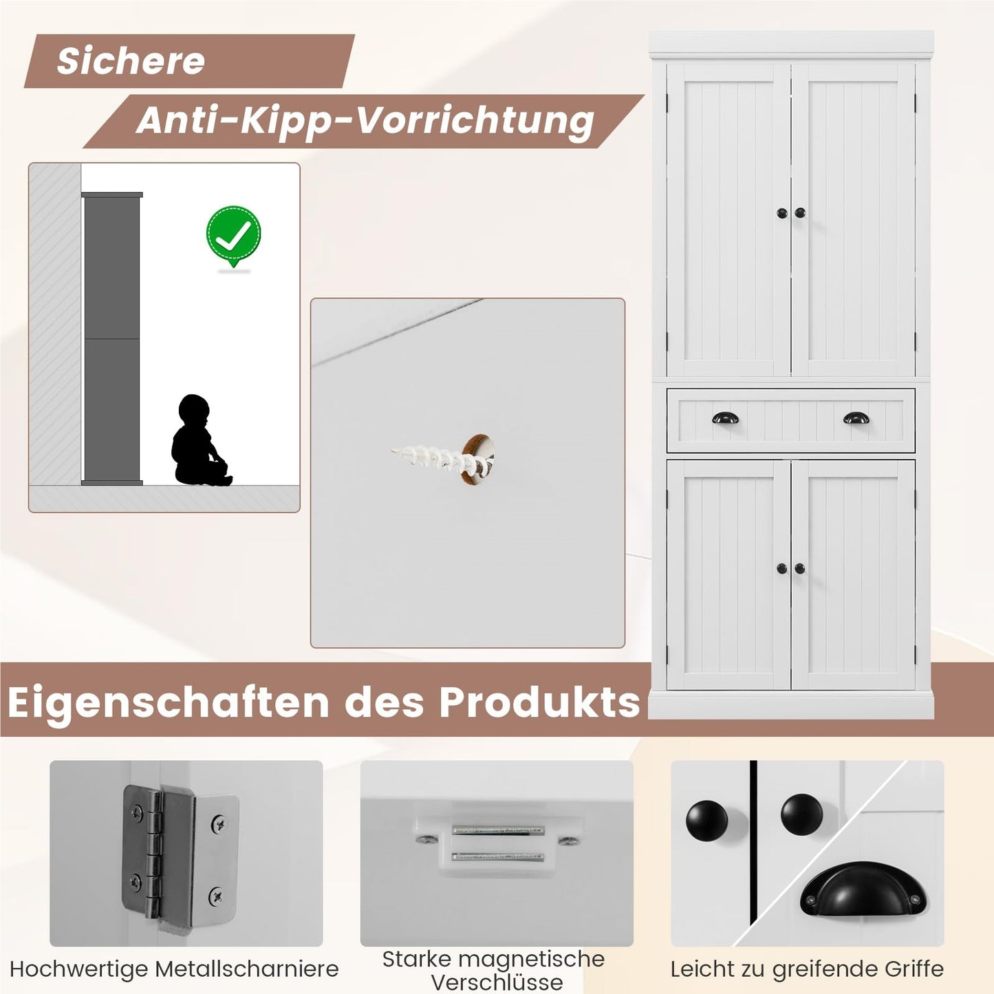Houten Keukenkast – Keukenkastje – Bergkast – Opbergkast – Dressoir – 4 Deuren en Laden – Verstelbare Planken – Vrijstaande Hoge Kast – Wit – 76x40x183 cm