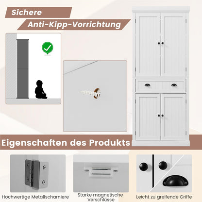 Houten Keukenkast – Keukenkastje – Bergkast – Opbergkast – Dressoir – 4 Deuren en Laden – Verstelbare Planken – Vrijstaande Hoge Kast – Wit – 76x40x183 cm