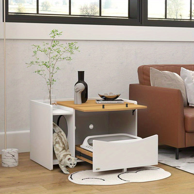 All-in-One Kattenbak – Kattenbak Met Bed – Kattenbakkombinatie – Kattenhuisje – Kattenmeubel – Ruimtebesparend Ontwerp – Wit Met Eikenhoutlook – 78x50x51 cm – Duurzaam PVC & PC – Scharnierend Deurtje