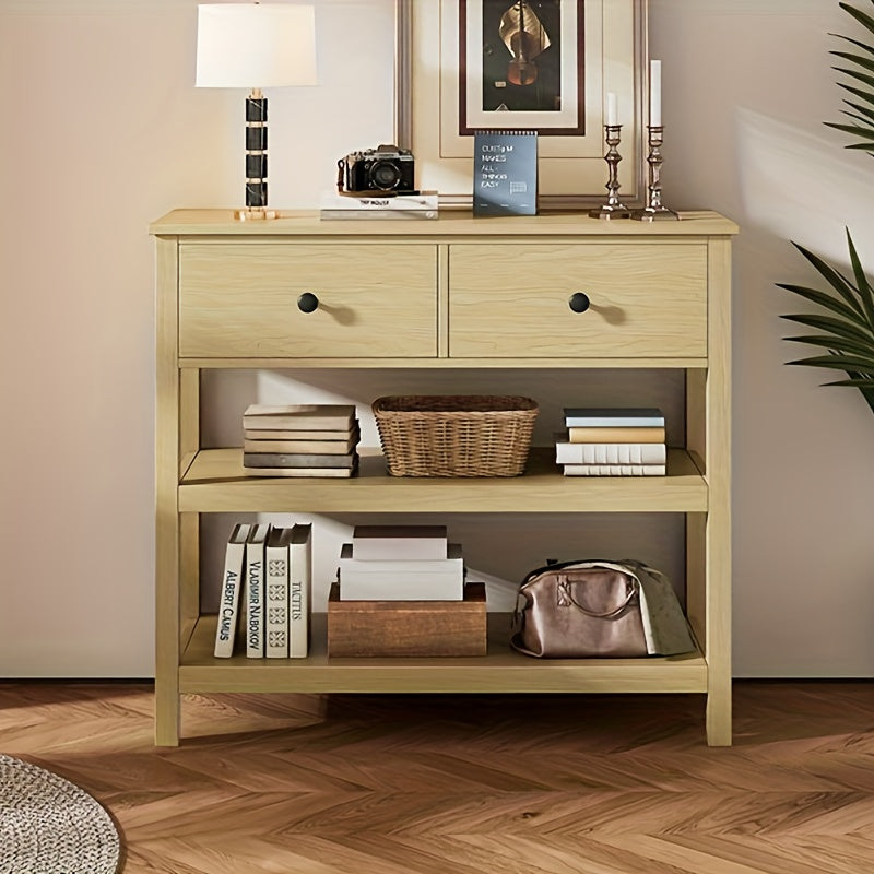 Sidetable – Consoletafel – Haltafel – Wandtafel – Bijzettafel – Natuurlijk Bamboe – Smal Design met 2 Lades en Open Planken – Duurzaam & Eenvoudig te Monteren