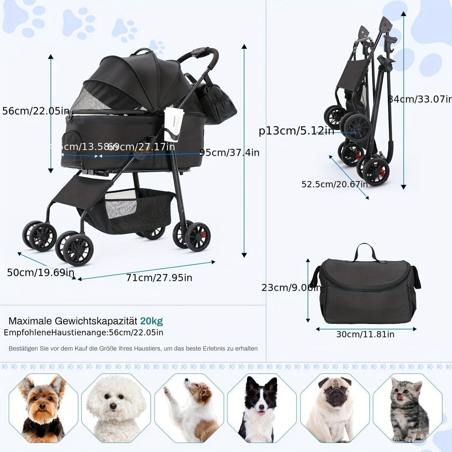 Hondenbuggy – Hondenwagen – Hondenkar – Dierenwagen – Huisdierenwagen – Tot 30 kg Draagvermogen – 360° Draaibare Dubbele Wielen – Inklapbaar – Oxford Stof