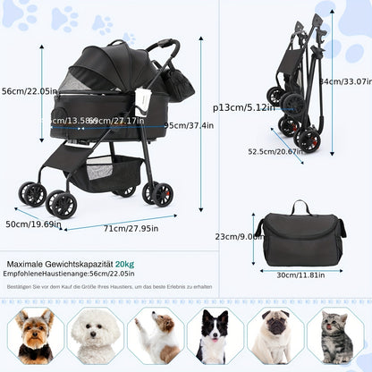 Hondenbuggy – Hondenwagen – Hondenkar – Dierenwagen – Huisdierenwagen – Tot 30 kg Draagvermogen – 360° Draaibare Dubbele Wielen – Inklapbaar – Oxford Stof
