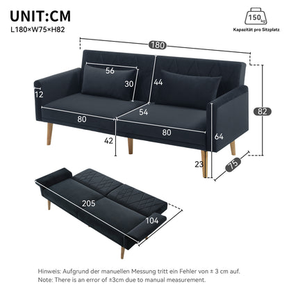 Slaapbank – Slaapsofa – Logeerbed – Bedbank – Bankbed – Verstelbare Rugleuning 3 Standen – Luxe Zachte Velvet Bekleding – Compact 2-Zits – Met Kussens En Zijvak – Zwart