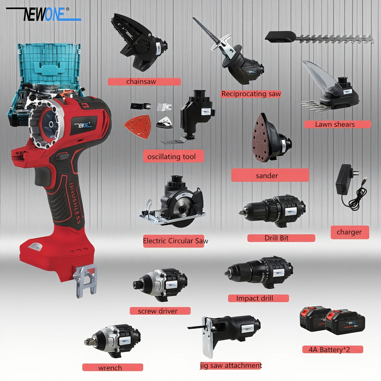 Multifunctionele 18V Gereedschapsset – Boormachine – Klopboormachine – Decoupeerzaag – Slagschroevendraaier – Rood Design – Brushless Motor – 12 Opzetstukken