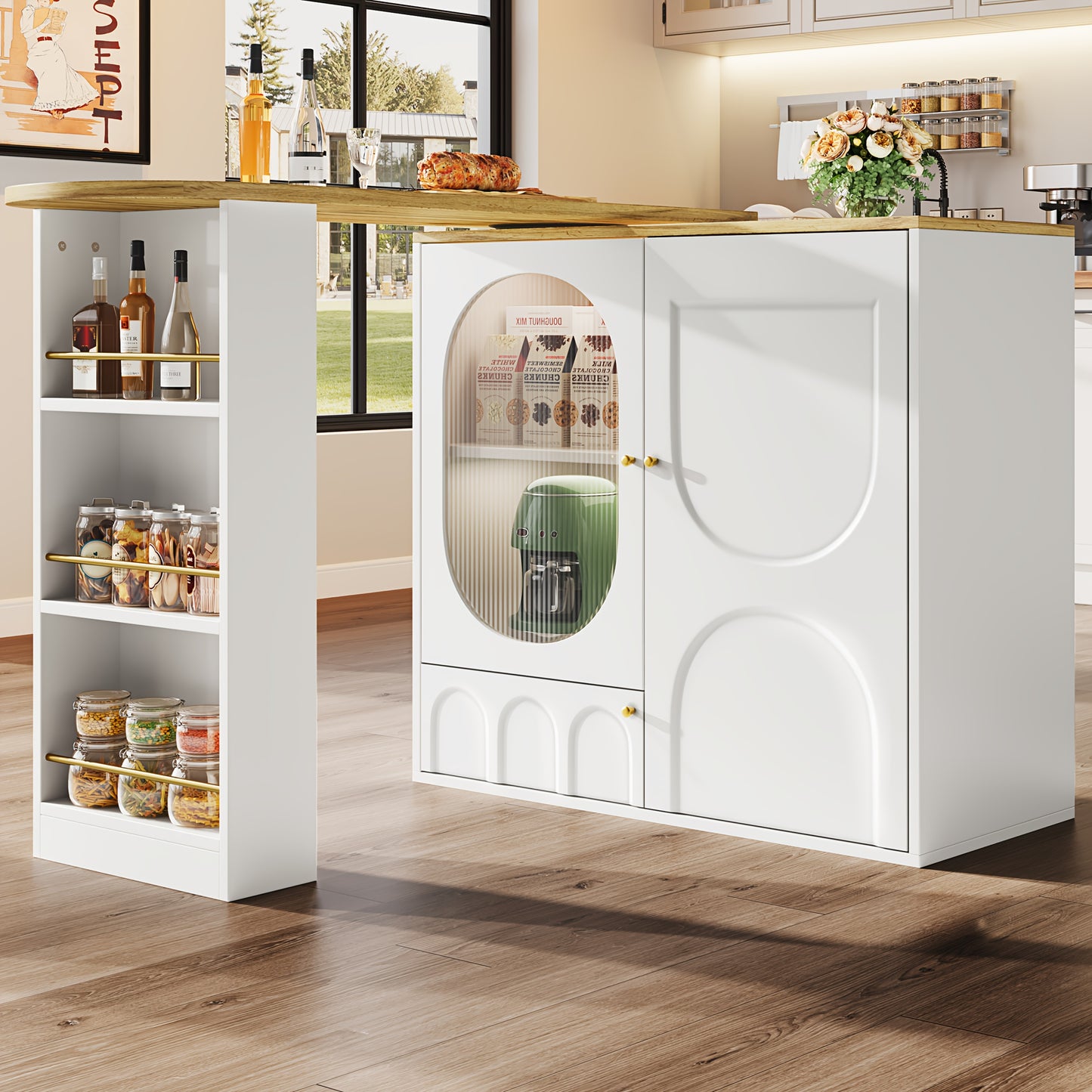 Barkruktafel – Bartafel – Bistrotafel – Statafel – Keukentafel – 360° Draaibaar – Hoog 138x39x102 cm – Wit met Walnoot – Drie Deuren met Opbergruimte – Verwijderbare Tussenwanden