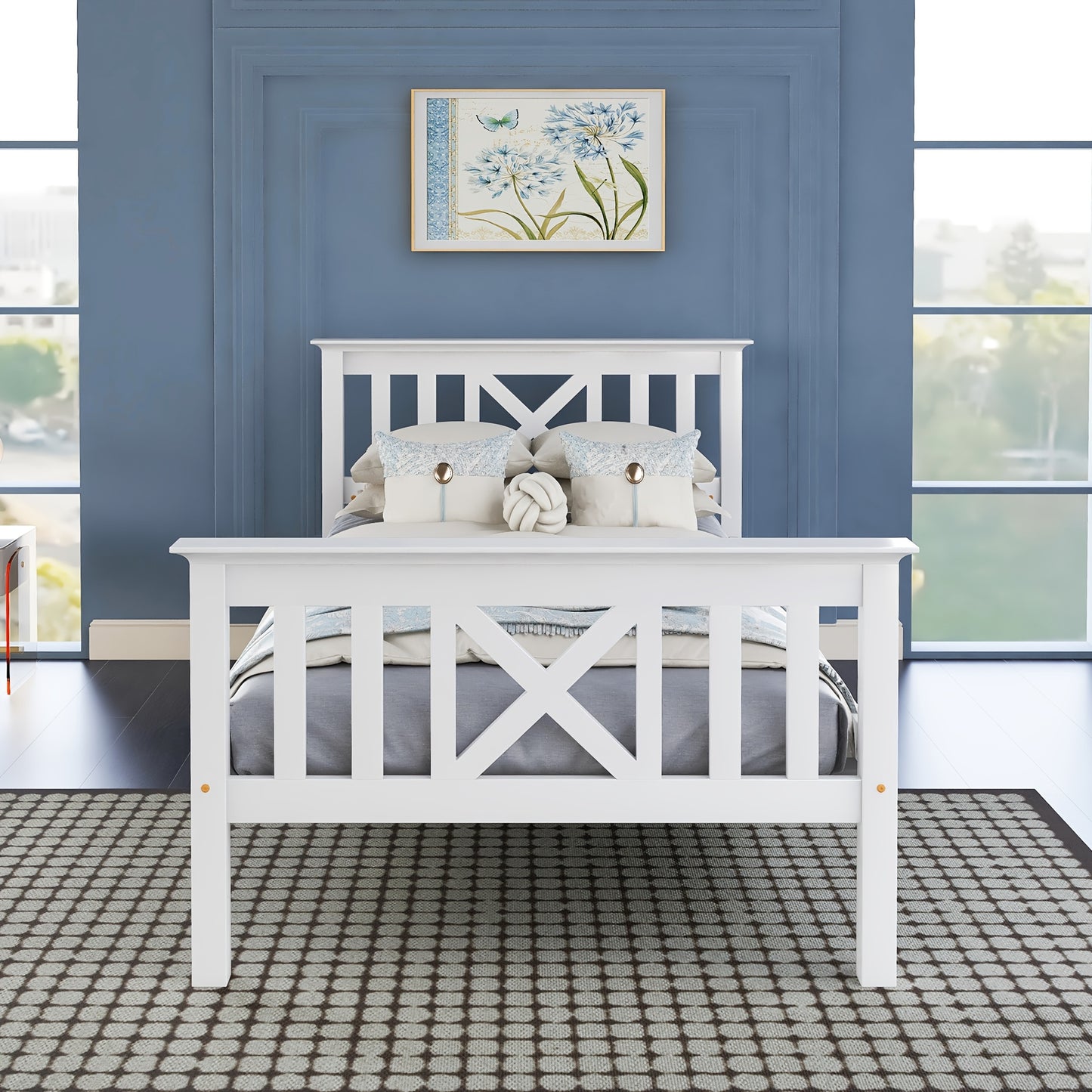 Bed frame, single bed, bed consisting of bed frame and slatted bed frame with headboard - 90 x 200cm, adult bed, white